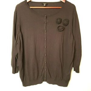 Talbots Womens Lightweight Cardigan Sweater Black Button Up Sz 3X Knit 3D Roses